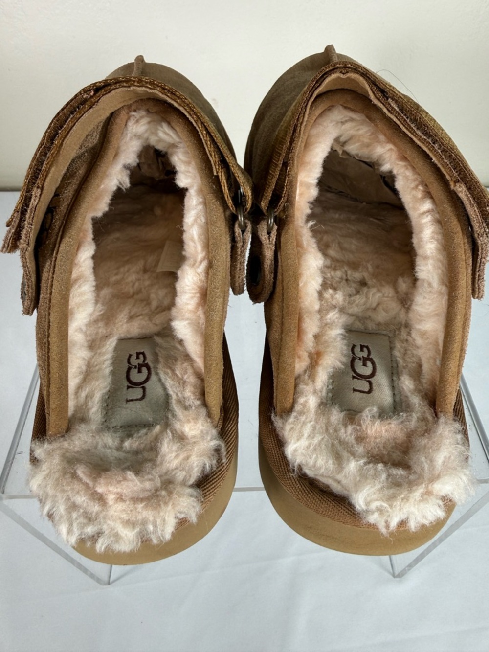 UGG Lanah Chestnut Suede Leather Platform Clogs Mules Fur Lined Slippers Size 9 - Picture 8 of 13